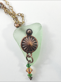 DevaArt Studio: copper, green seaglass necklace, copper charm, Swarovski crystals, raw copper chain.