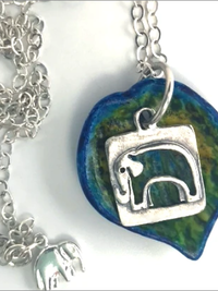 ELEPHANT-hand-painted ceramic leaf, sterling silver elephant, Swarovski crystals, oval chain sterling silver necklace.
