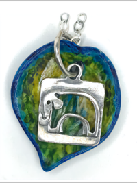 ELEPHANT-hand-painted ceramic leaf, sterling silver elephant, Swarovski crystals, oval chain sterling silver necklace.