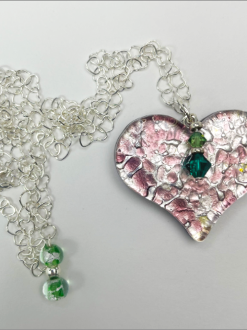 Dichroic fused glass handmade heart necklace with dichroic glass beads, Swarovski crystals.