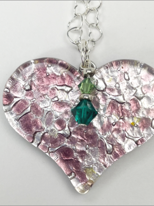 Dichroic fused glass handmade heart necklace with dichroic glass beads, Swarovski crystals.