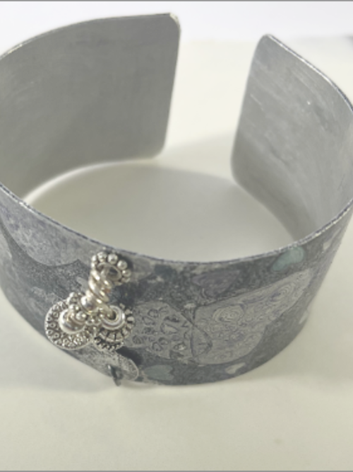 Hand etched cuff bracelet, handcolored hearts, antique/sterling silver beads, Swarovski crystals.