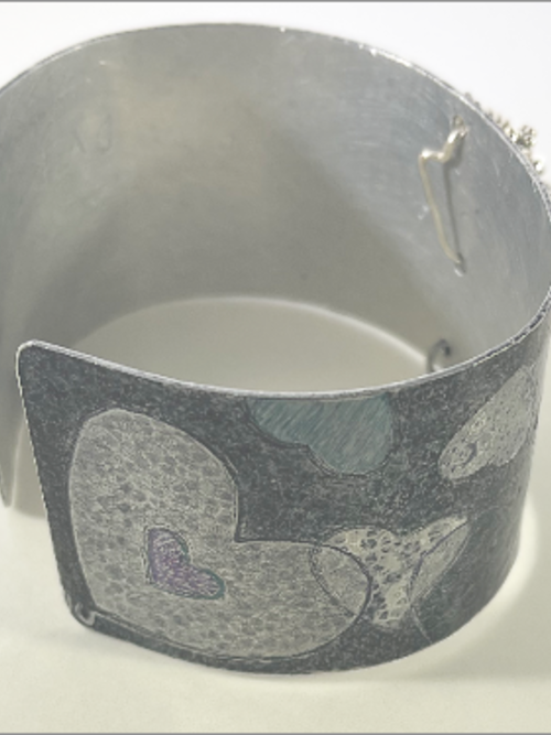 Hand etched cuff bracelet, handcolored hearts, antique/sterling silver beads, Swarovski crystals.