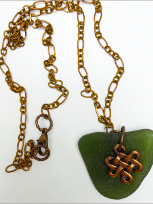 Copper SeaGlass Necklace: artisan handmade genuine sea glass, dark ocean green seaglass, raw copper oval chain necklace.