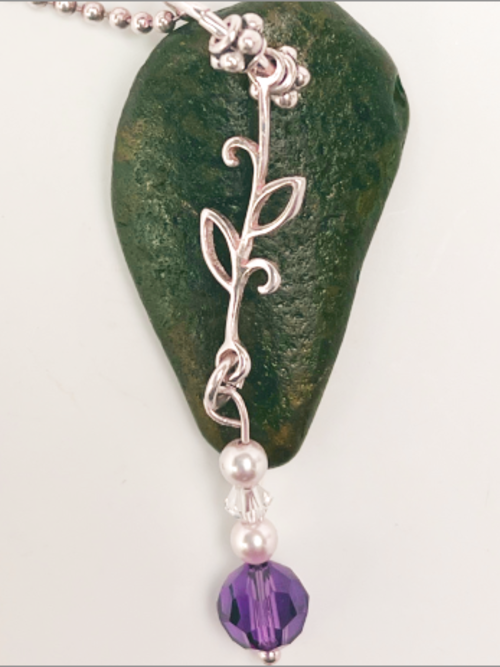 DevaArt Studio: Sweetpea: handmade necklace, sea glass, Swarovski crystals, sterling silver leaf.