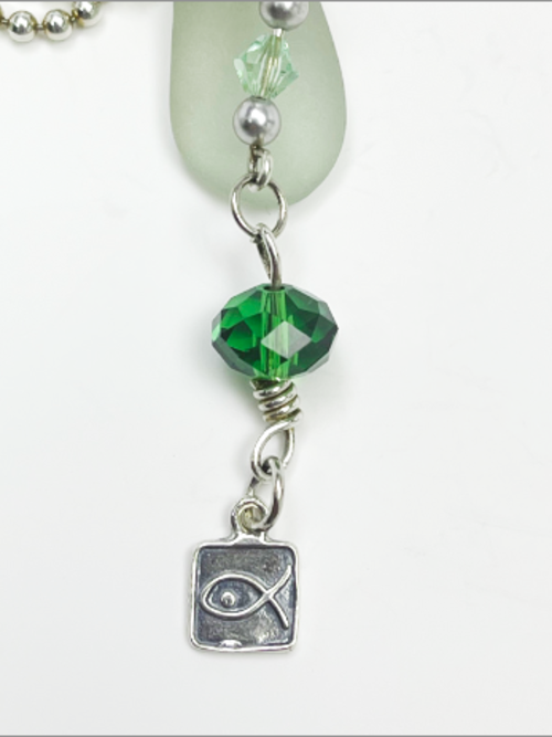 DevaArt Studio: Ocean Inspired genuine sea glass necklace, green Swarovski crystal, sterling silver beads. 