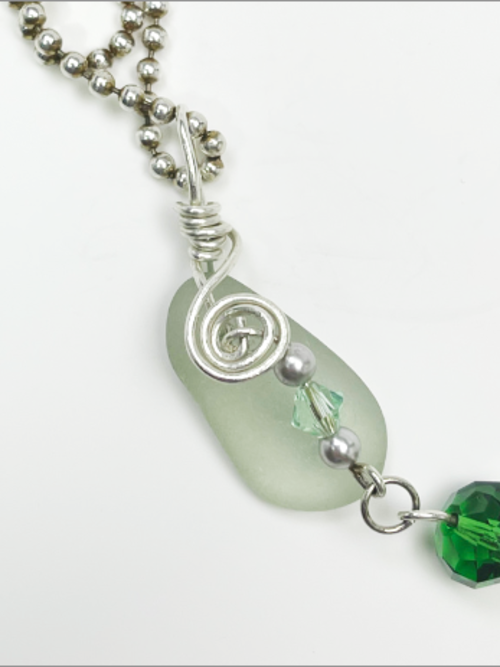 DevaArt Studio: Ocean Inspired genuine sea glass necklace, green Swarovski crystal, sterling silver beads.