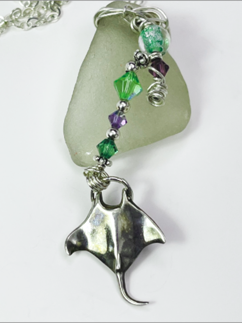 DevaArt Studio: Ocean Inspired Necklace; sterling silver, sea ray, seaglass necklace.