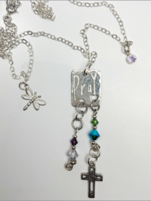 DevaArt Studio: handmade eclectic necklace, alkemè, hammered, handetched, sterling silver cross, Swarovski crystals.