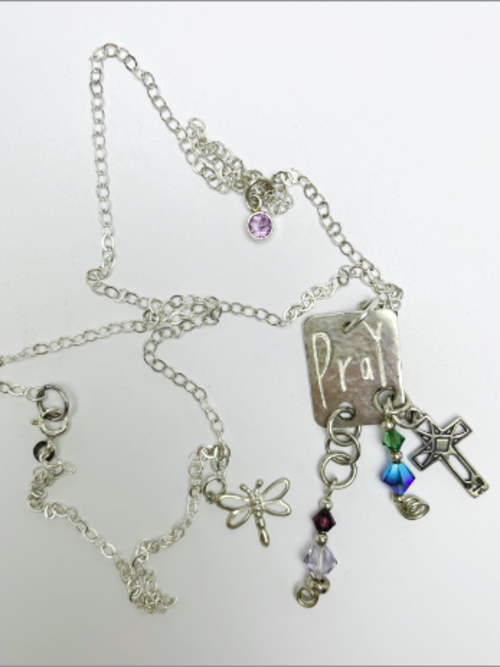 DevaArt Studio: handmade eclectic necklace, alkemè, hammered, handetched, sterling silver cross, Swarovski crystals.