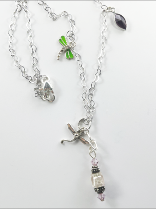 DevaArt Studio Artisan Handmade Jewelry Boutique. Sterling dragonfly, sterling heart chain necklace.