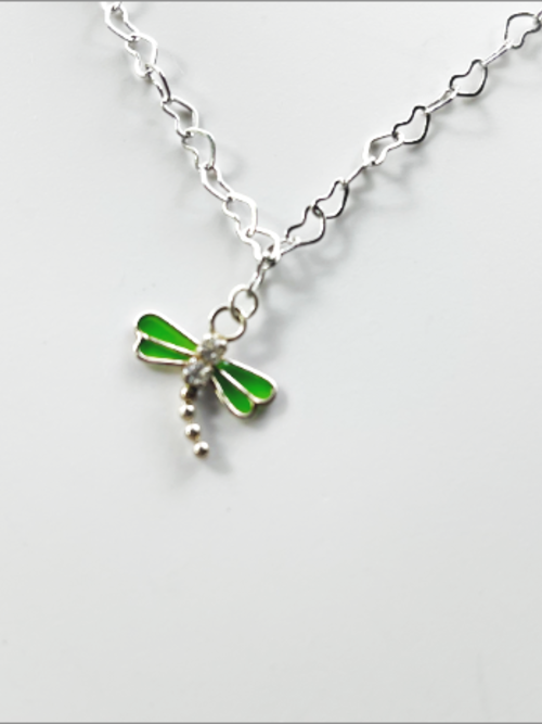 DevaArt Studio Artisan Handmade Jewelry Boutique. Sterling dragonfly, sterling heart chain necklace.