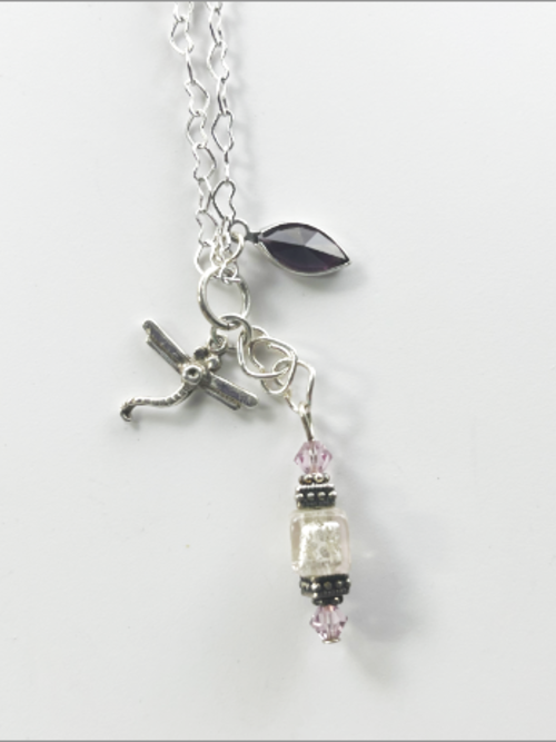 DevaArt Studio Artisan Handmade Jewelry Boutique. Sterling dragonfly, sterling heart chain necklace.