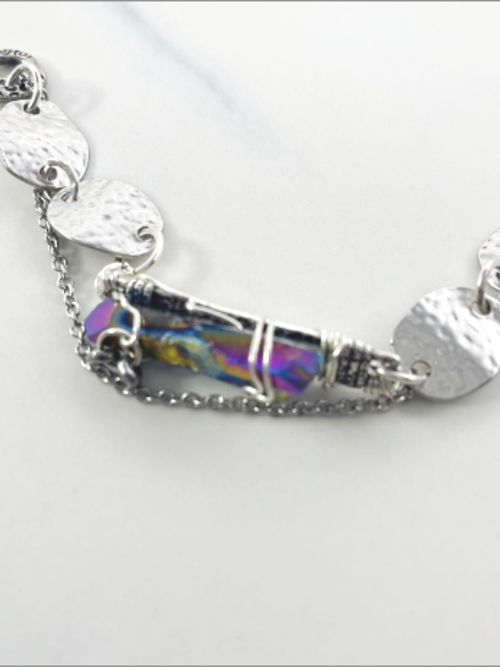 DevaArt Studio: rainbow quartz crystal, antique pewter chain, sterling silver components.