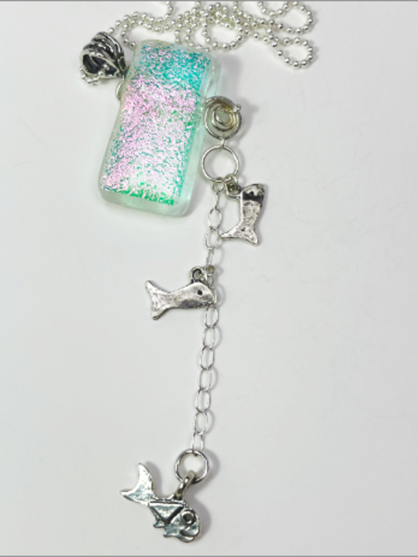 DevaArt Studio Artisan Handmade Jewelry: ocean inspired, sterling, fused glass fish charm necklace.