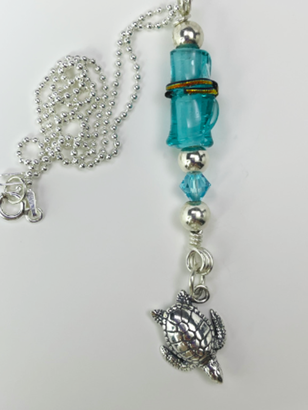 DevaArt Studio: Ocean Inspired blue bamboo glass bead, sterling silver sea turtle.
