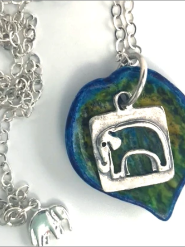 ELEPHANT-hand-painted ceramic leaf, sterling silver elephant, Swarovski crystals, oval chain sterling silver necklace.
