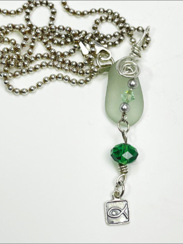 DevaArt Studio: Ocean Inspired genuine sea glass necklace, green Swarovski crystal, sterling silver beads. 