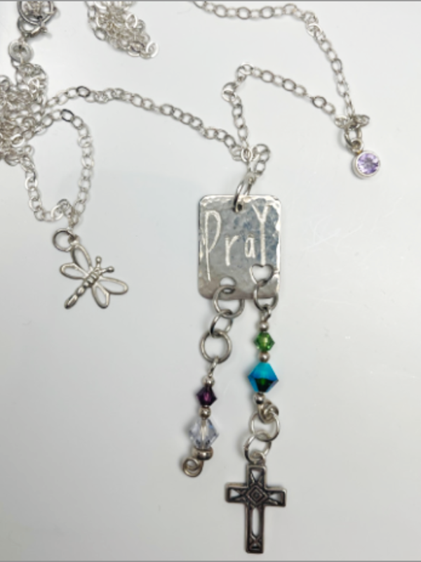 DevaArt Studio: handmade eclectic necklace, alkemè, hammered, handetched, sterling silver cross, Swarovski crystals.