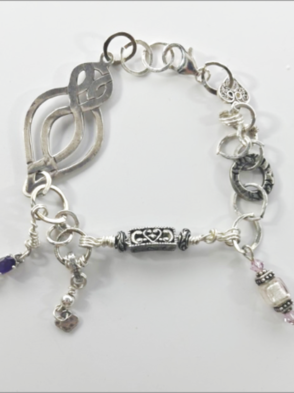 "Lola" - eclectic bracelet; sterling silver, amethyst crystals, hammered, antique silver, vintage beads, Swarovski crystals.