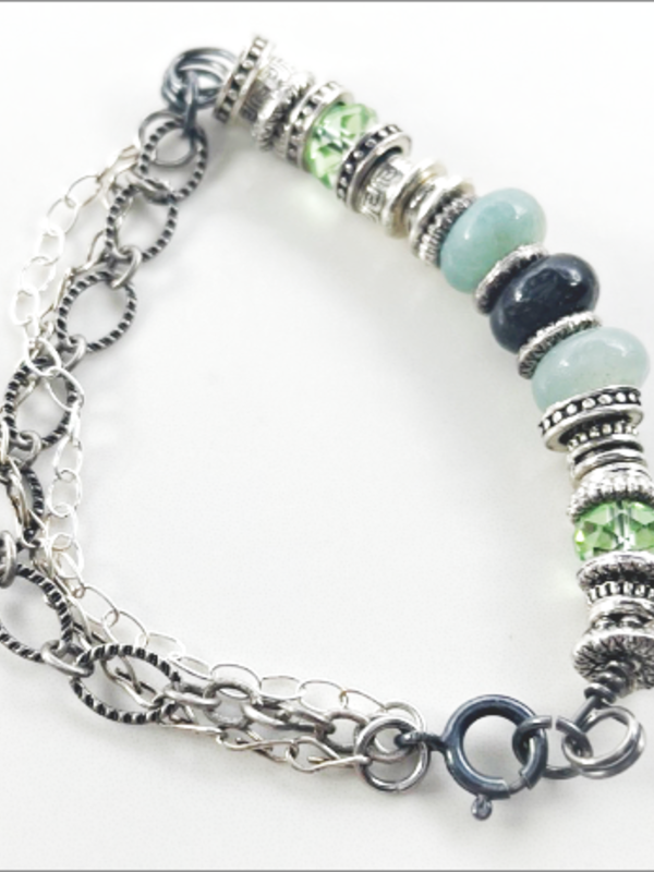 DevaArt Studio: eclectic bracelet; Tibetan silver, Dakota stones, antique silver, Swarovski crystals.